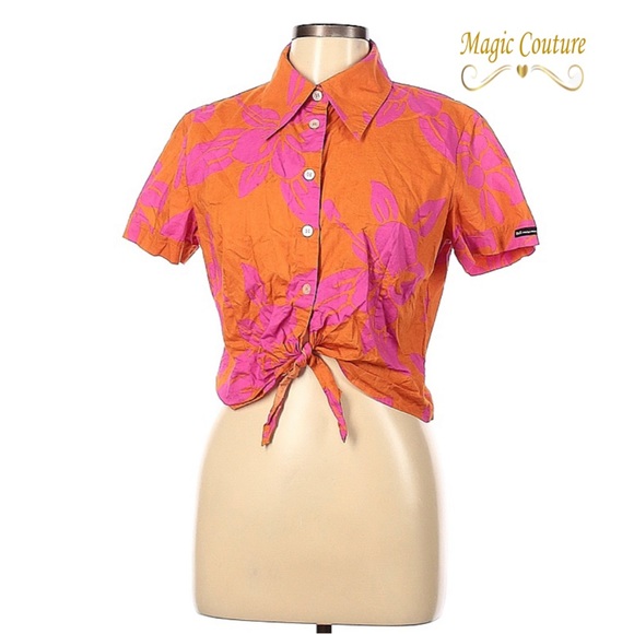 D&G Tops - ❌SOLD❌D&G Dolce & Gabbana Tropical Print Button Tie Front Crop Blouse🧡💗🧡